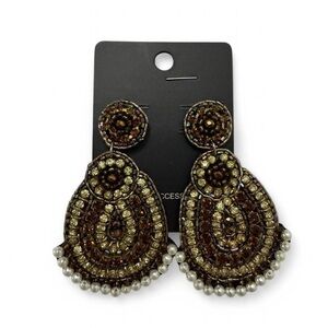 Elegant Shiny Gold and Brown Pearl Drop Earrings, Teardrop Oversized Boho Style